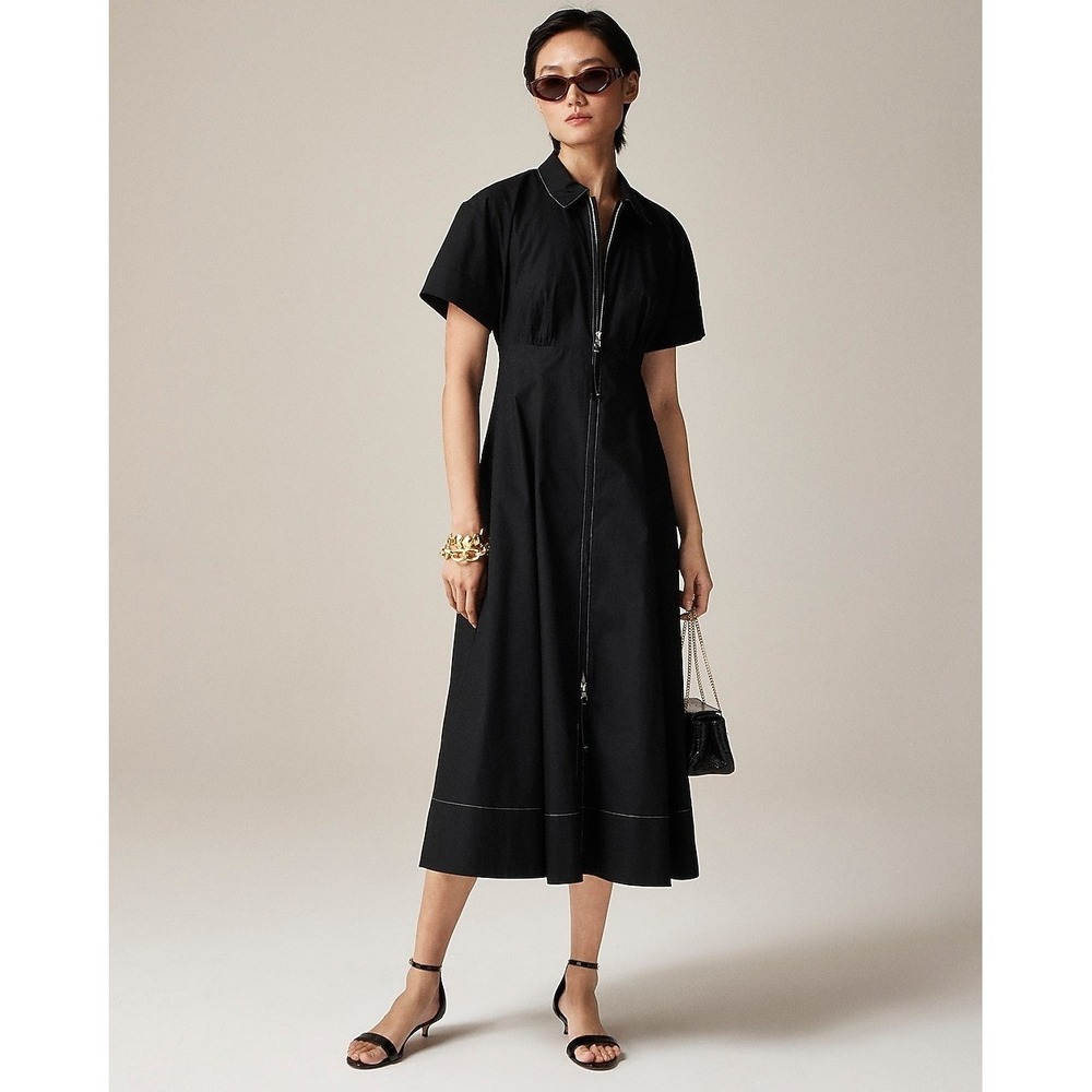 J.Crew Arden Shirt-Dress Women 4 Black Cotton Poplin Midi Zip A-Line Office Chic